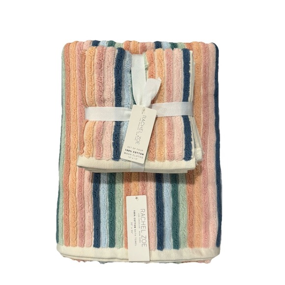 NEW 6pc Rachel Zoe Pastel Rainbow Stripes Towel Washcloth‎ Set 100% Cotton